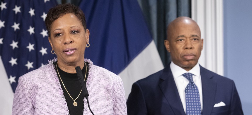 New York City Council Speaker Adrienne Adams and Mayor Eric Adams appear together in 2023.